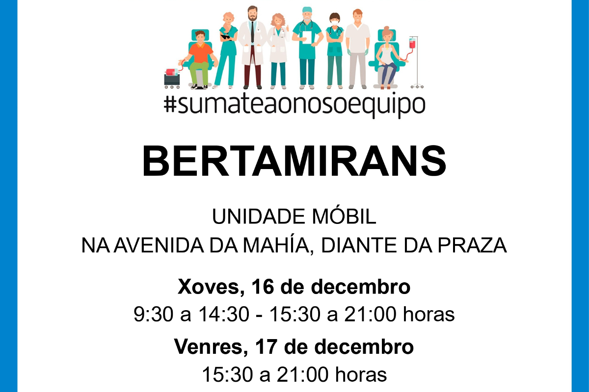A unidade móbil de doazón de sangue estará este xoves e venres 16 e 17 de decembro en Bertamiráns