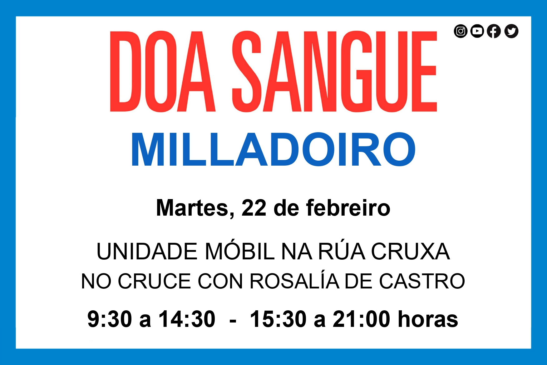 A unidade móbil de doazón de sangue estará este martes 22 de febreiro no Milladoiro