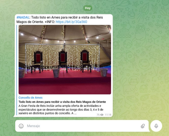 A canle oficial de Telegram do Concello é a maneira máis rápida de coñecer as novas e avisos A canle oficial de Telegram do Concello é a maneira máis rápida de coñecer as novas e avisos