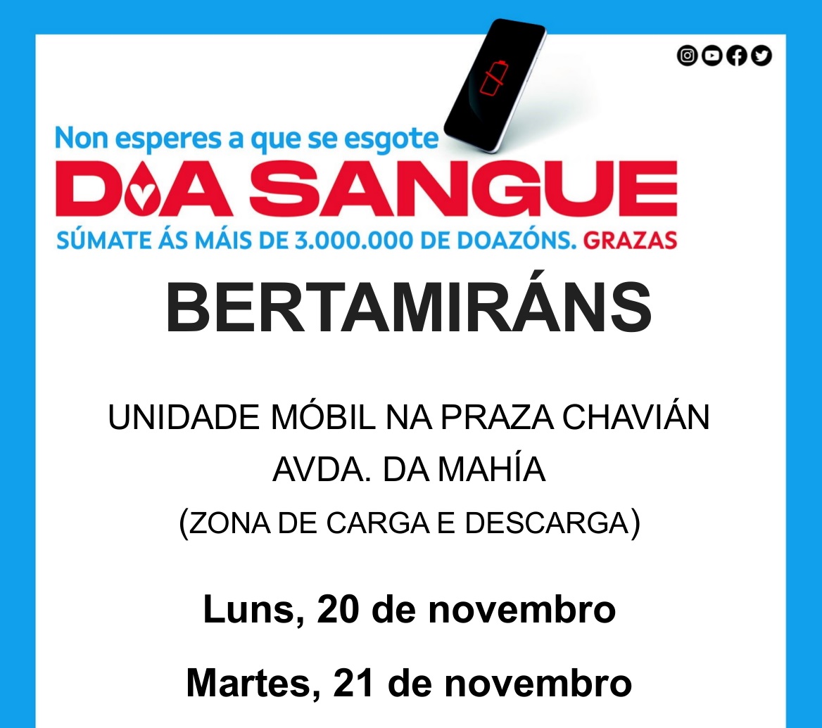 A unidade móbil de doazón de sangue estará os días 20 e 21 de novembro en Bertamiráns