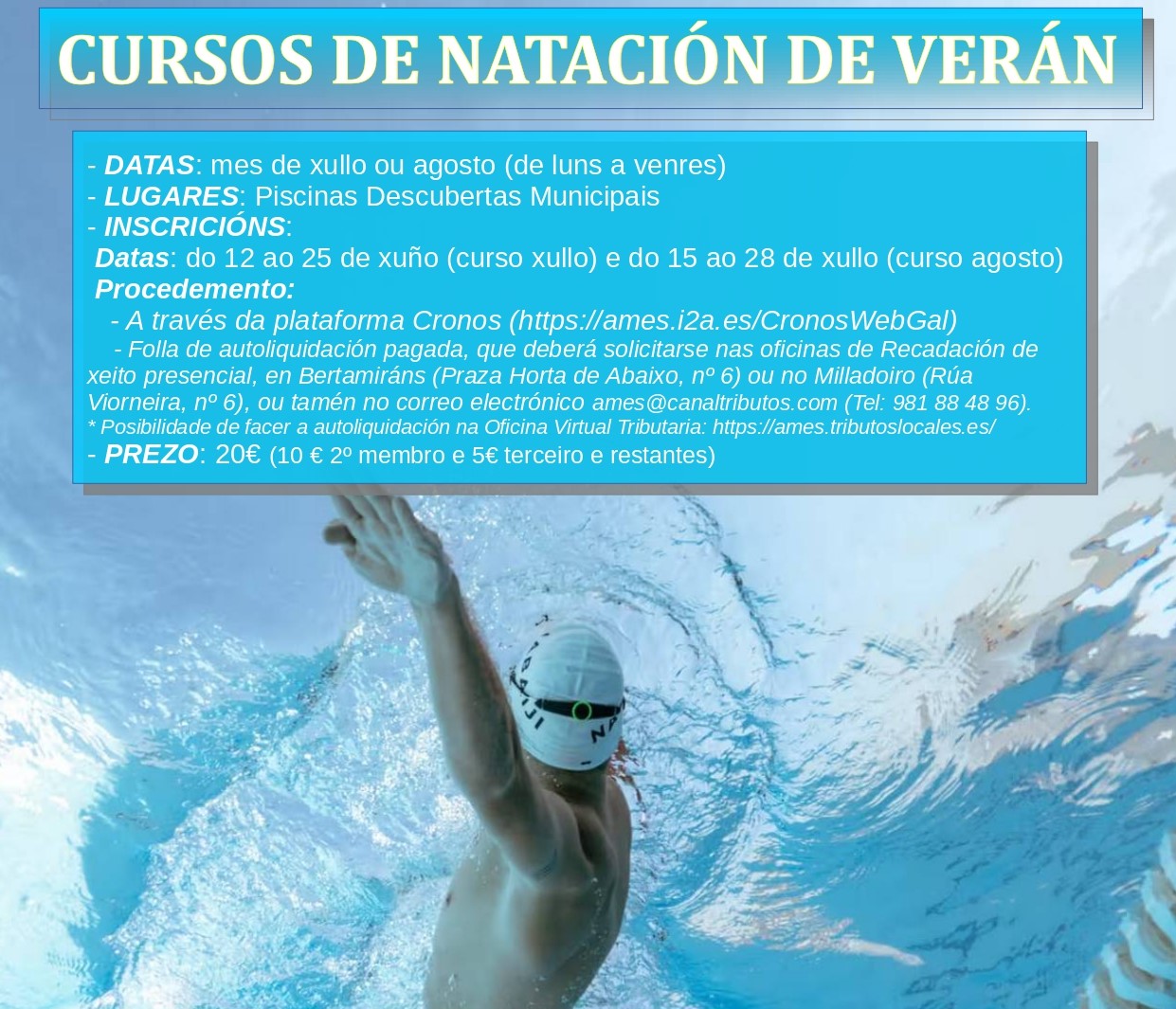 Abre o prazo de inscrición para participar nos cursos de natación do mes de agosto das piscinas descubertas Abre o prazo de inscrición para participar nos cursos de natación do mes de agosto das piscinas descubertas