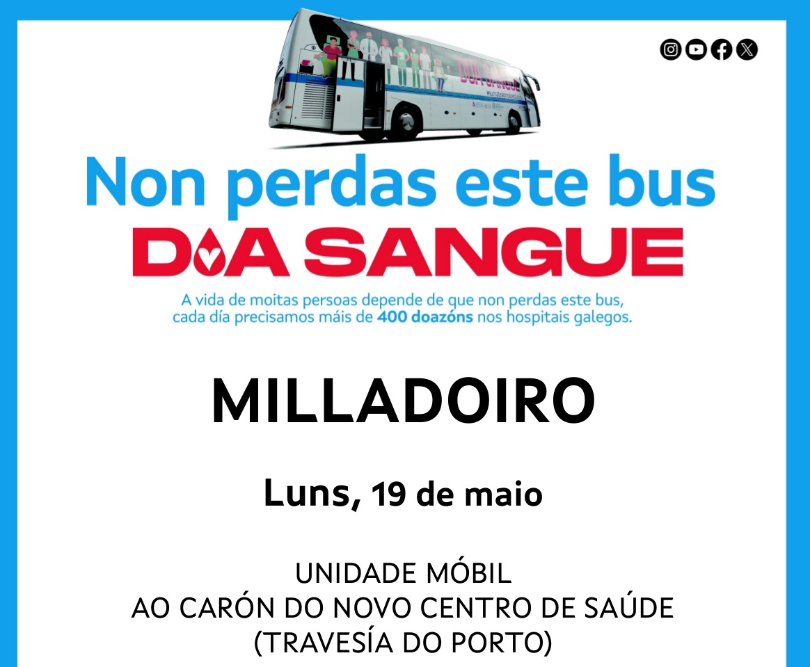 A unidade móbil de doazón de sangue estará este luns 19 de maio no Milladoiro A unidade móbil de doazón de sangue estará este luns 19 de maio no Milladoiro