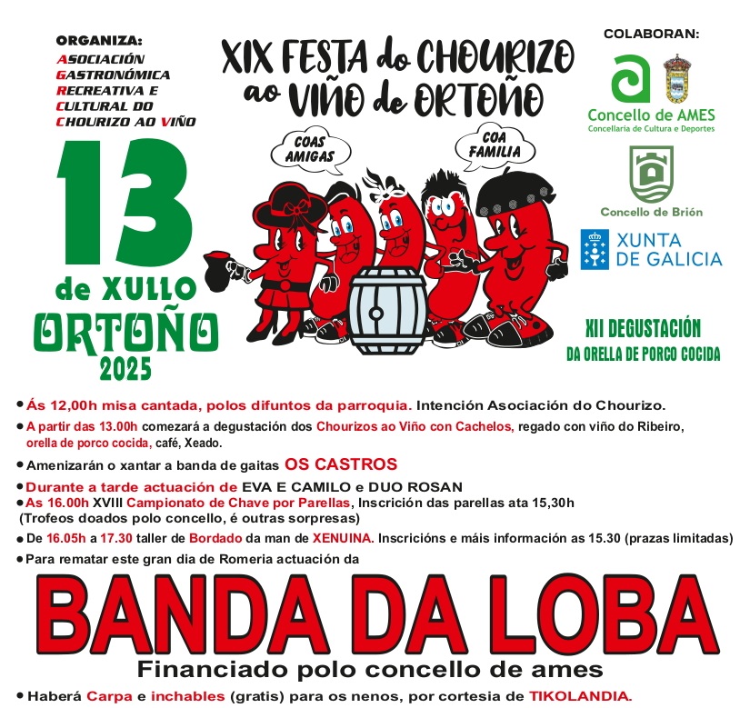 Ortoño celebra este domingo, 13 de xullo, a XIX Festa do Chourizo ao Viño Ortoño celebra este domingo, 13 de xullo, a XIX Festa do Chourizo ao Viño