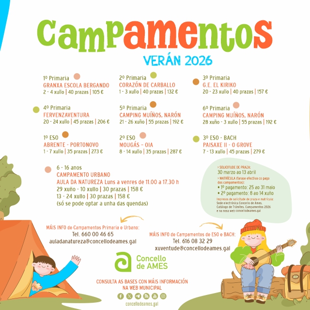 Xa está aberto o prazo de inscrición para participar nos campamentos municipais de verán 2026 Xa está aberto o prazo de inscrición para participar nos campamentos municipais de verán 2026