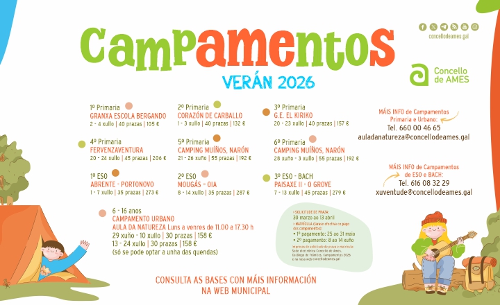 O programa de campamentos de verán 2026 ofrece 450 prazas para alumnado de primaria, secundaria e bacharelato O programa de campamentos de verán 2026 ofrece 450 prazas para alumnado de primaria, secundaria e bacharelato