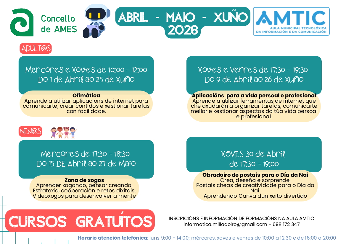 A aula AMTIC oferta novos cursos entre os meses de abril e xuño A aula AMTIC oferta novos cursos entre os meses de abril e xuño