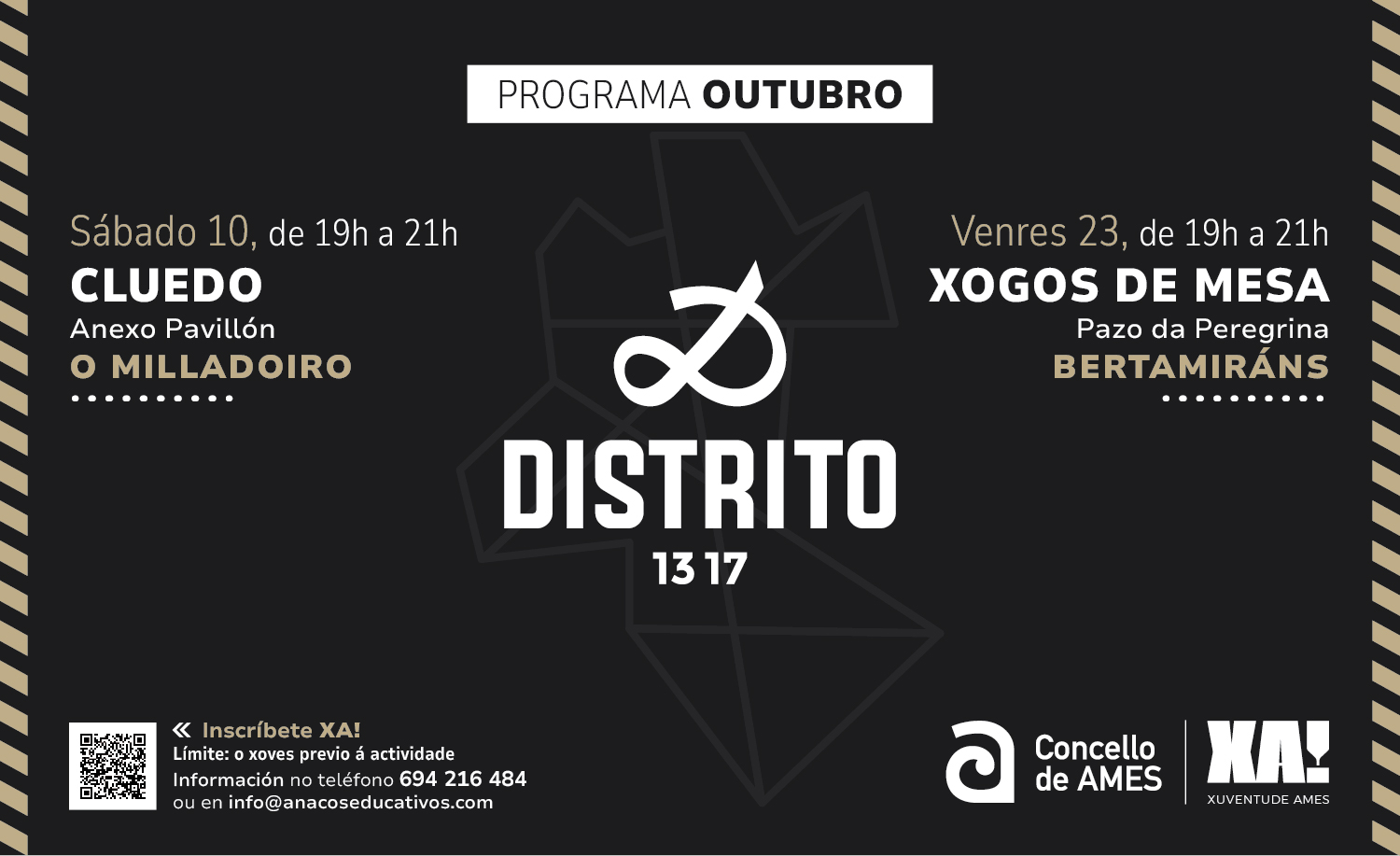 Distrito 13 17 abre a programación de outubro cun Cluedo en vivo, no que as participantes terán que descubrir un misterio agochado no Milladoiro Distrito 13 17 abre a programación de outubro cun Cluedo en vivo, no que as participantes terán que descubrir un misterio agochado no Milladoiro