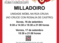 A unidade móbil de doazón de sangue estará este luns e martes 16 e 17 de setembro no Milladoiro