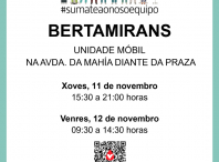A unidade móbil de doazón de sangue estará este xoves e venres 11 e 12 de novembro en Bertamiráns