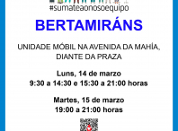 A unidade móbil de doazón de sangue estará este luns e martes 14 e 15 de marzo en Bertamiráns