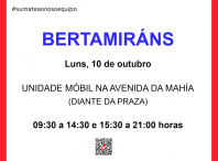 A unidade móbil de doazón de sangue estará este luns 10 de outubro en Bertamiráns