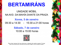 A unidade móbil de doazón de sangue estará o xoves 5 e o sábado 7 de xaneiro en Bertamiráns