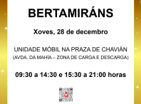 A unidade móbil de doazón de sangue estará o 28 de decembro en Bertamiráns