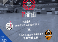 Cartaz do primeiro derbi galego de fútbol sala entre o Noia Portus Apostoli e o Pescados Rubén Burela