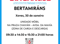A unidade móbil de doazón de sangue estará o 30 de xaneiro en Bertamiráns