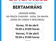 A unidade móbil de doazón de sangue estará os días 10 e 11 de abril en Bertamiráns