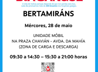 A unidade móbil de doazón de sangue estará o día 28 de maio en Bertamiráns