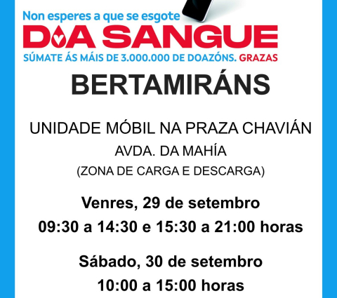 A unidade móbil de doazón estará o venres 29 e o sábado 30 de setembro en Bertamiráns