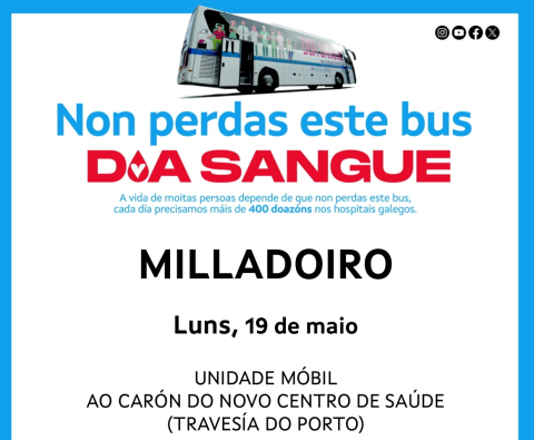 A unidade móbil de doazón de sangue estará este luns 19 de maio no Milladoiro