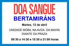 A unidade móbil de doazón de sangue estará este martes 12 de abril en Bertamiráns