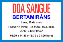 A unidade móbil de doazón de sangue estará este luns 30 de maio en Bertamiráns