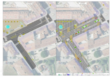 Infografía da fase 1 da obra para a creación dunha améndoa central no núcleo urbano de Bertamiráns