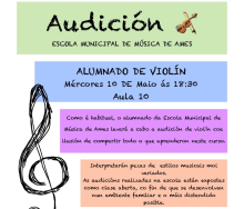 O alumnado de violín da Escola Municipal de Música participará este mércores, 10 de maio, ás 18.30 horas, nunha audición co obxectivo de compartir o que aprenderon ao longo deste curso
