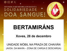 A unidade móbil de doazón de sangue estará o 28 de decembro en Bertamiráns